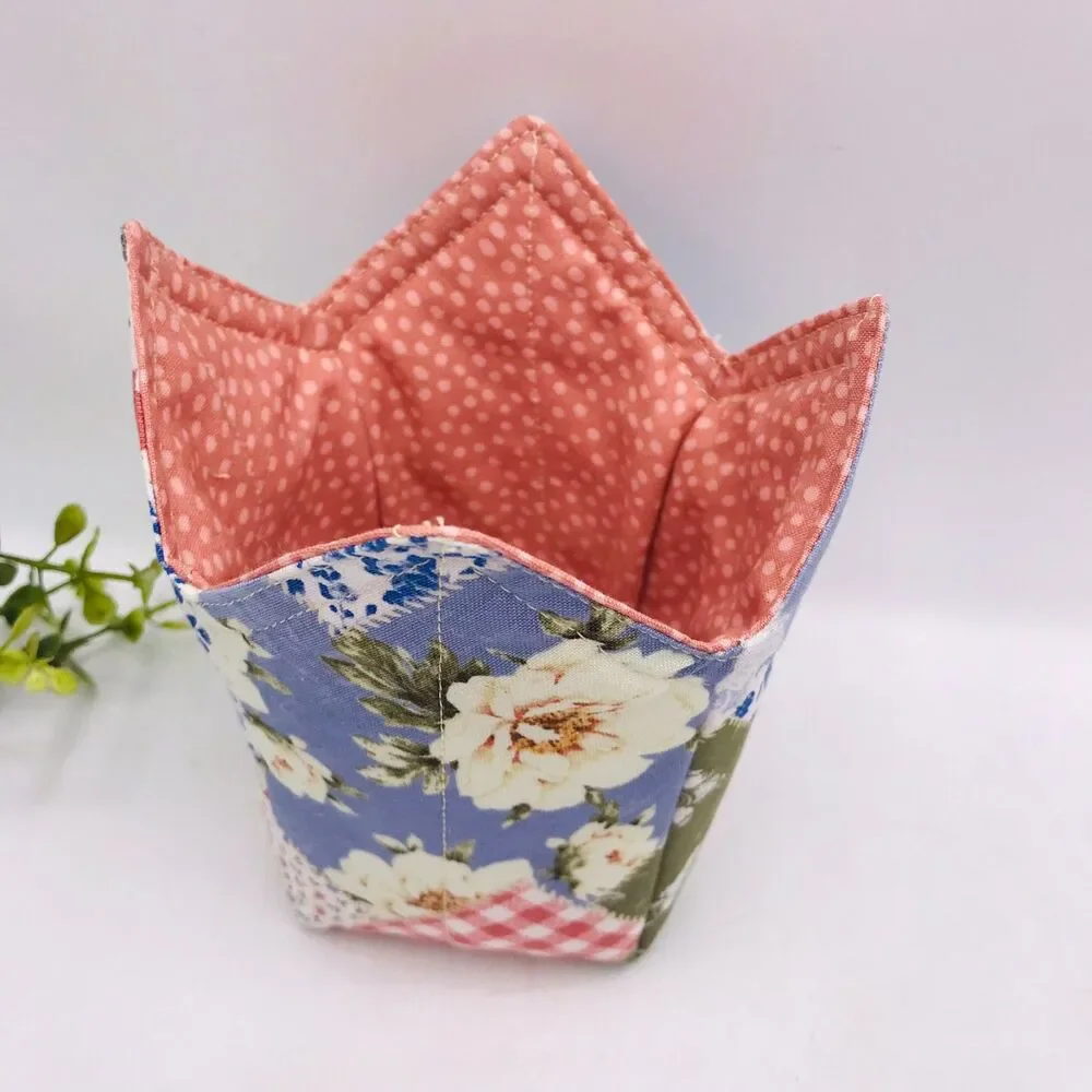Microwave Pint Size Cozy, Reversible, Cottage Core Patchwork Rose Cream Blue